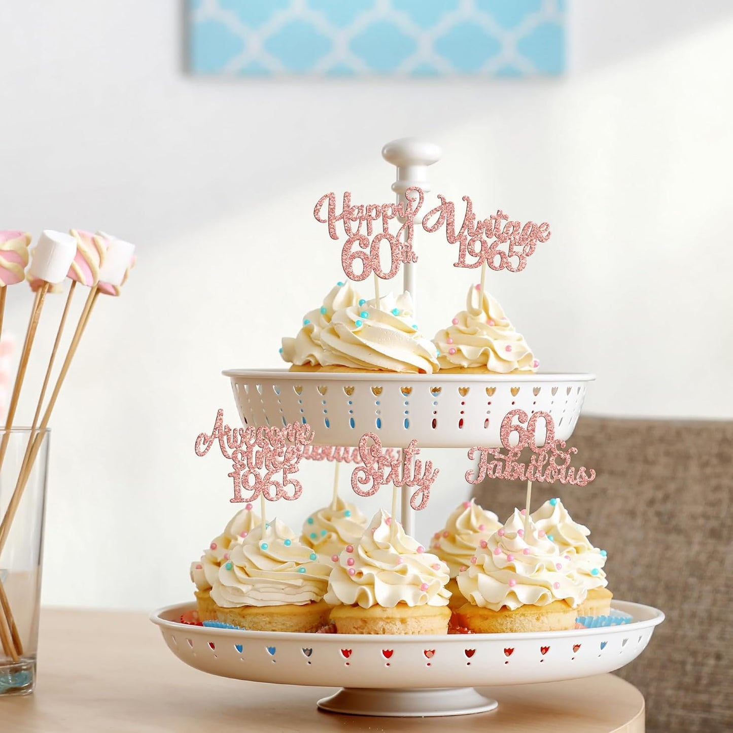 30Pcs Vintage 1965 Cupcake Toppers Glitter Sixty 60 Fabulous Happy 60th Birthday Cupcake Picks Cheers to 60 Years for 60th Birthday Anniversary Party Cake Decorations Supplies Rose Gold