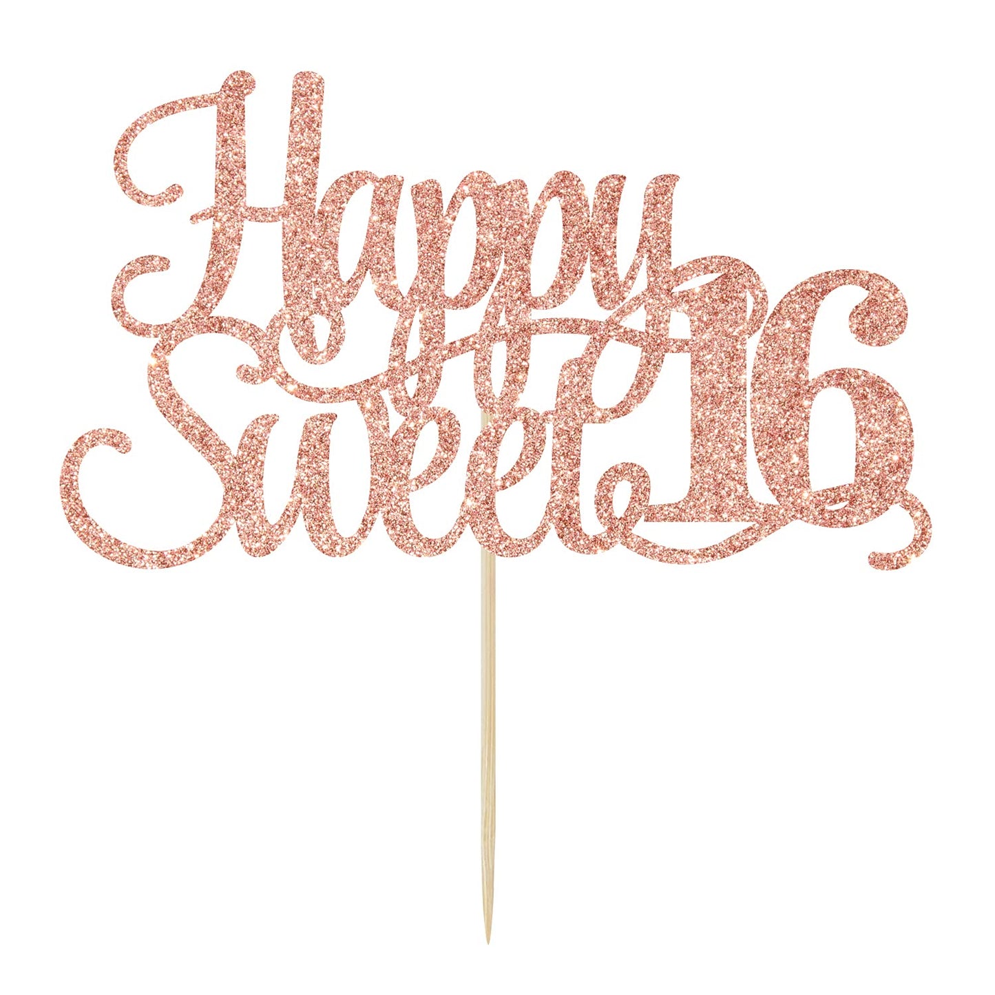 Rose Gold Glitter Happy Sweet 16 Cake Topper - Happy 16th Birthday Cake Decor - Hello 16, Cheers to