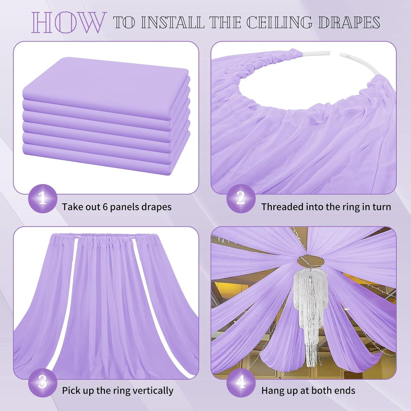 6 Panels Lavender Ceiling Drapes for Wedding 5ftx20ft Chiffon Fabric Arch Draping Curtains Sheer Drapery for Party Ceremony Birthday Baby Shower Reception Stage Swag Ceiling Decorations