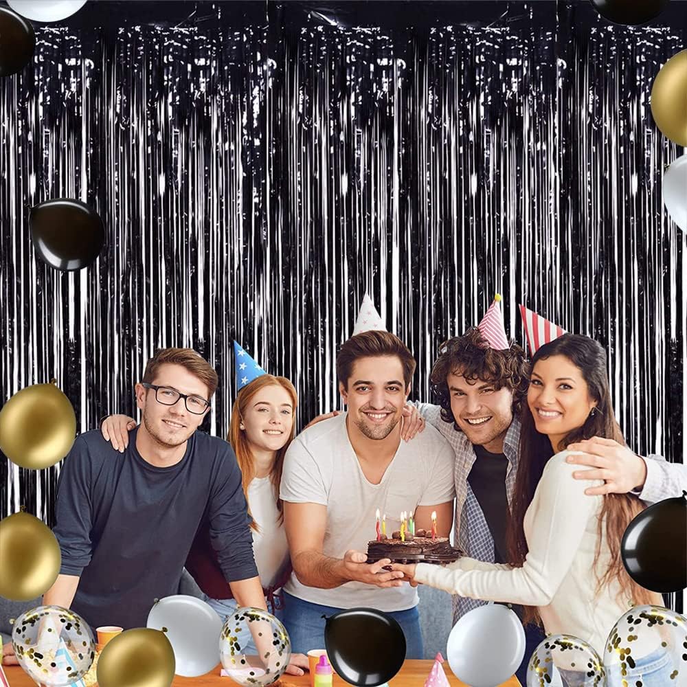 TONIFUL 3Pcs Black Door Streamers,Photo Booth Backdrop,Metallic Streamers Black Foil Fringe Curtains for Birthday,Christmas,New Year,St. Patrick's Day Halloween Party Streamers Decor(9.9ft x 6.6ft)