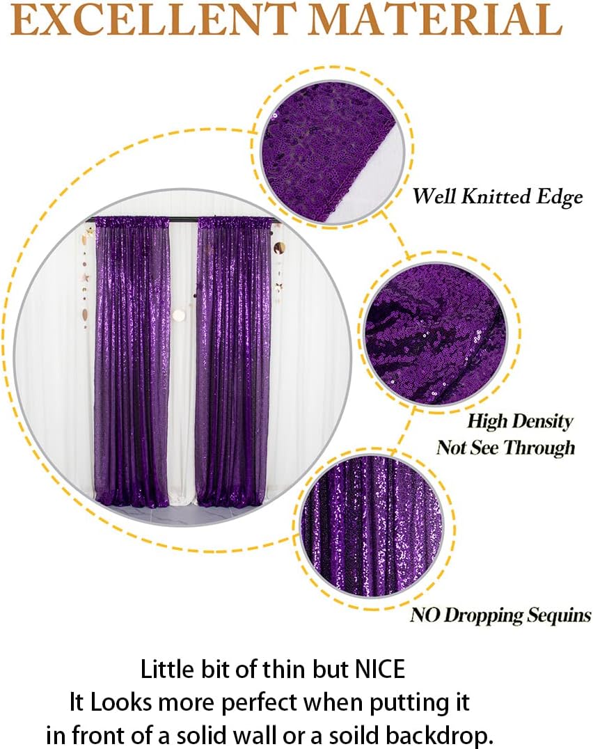 ShinyBeauty Sequin Curtains 2 Panels Purple 2FTx8FT Sequin Photo Backdrop Royal Purple Sequin Backdrop Curtain Pack of 2 Shimmer Fabric Backdrop Party Photographic Studio Photo Backgrounds