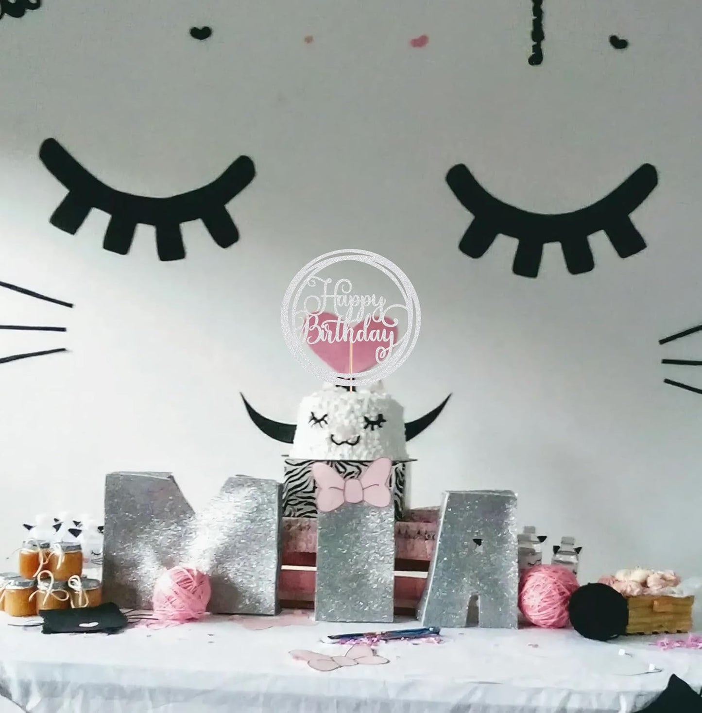 Happy Birthday Cake Topper - Silver Glitter Happy Birthday Cake Decoration Supplies for Children or Adults - Happy Birthday Cake Bunting Decor, Photo Booth Props