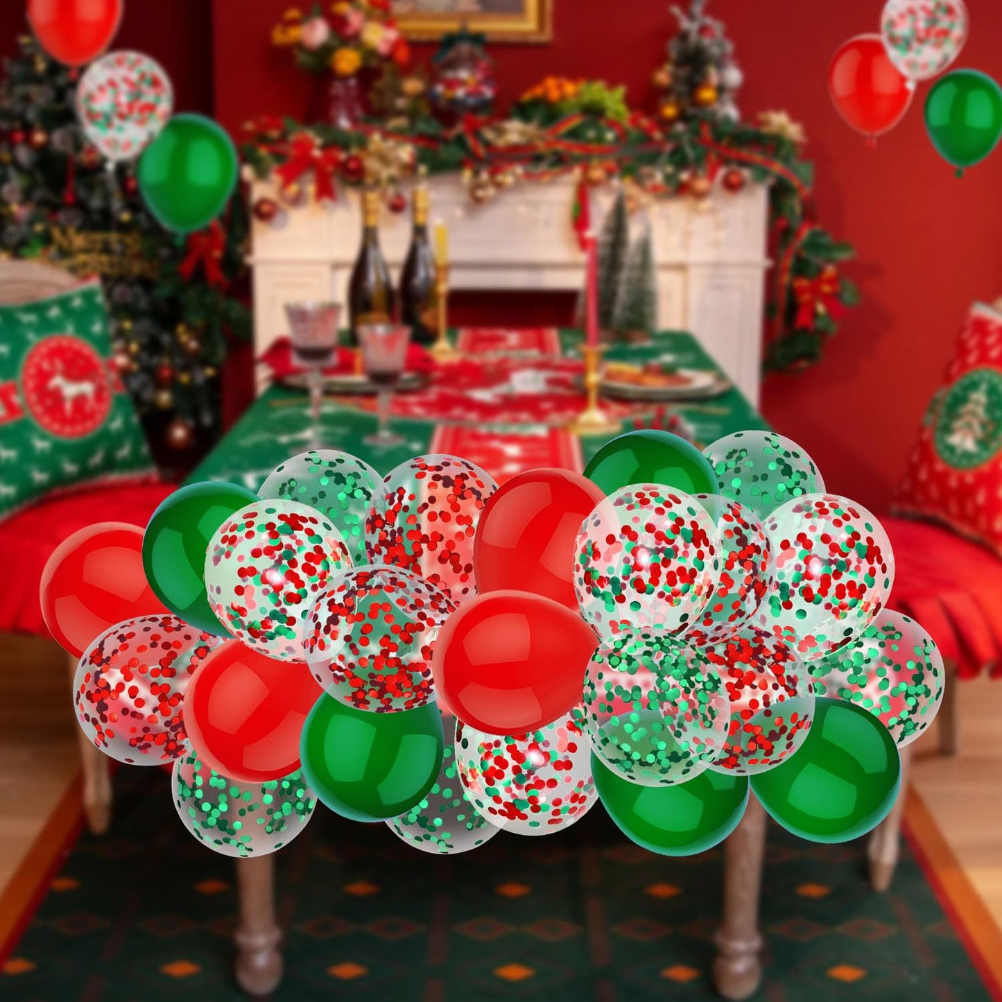 PheiLa 50 Pcs 12 Inch Red and Green Confetti Balloons Christmas Balloons with Ribbons Christmas