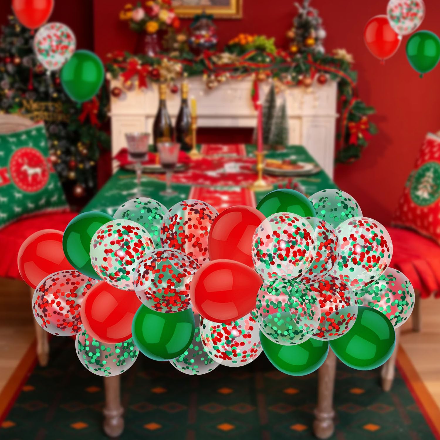 PheiLa 50 Pcs 12 Inch Red and Green Confetti Balloons Christmas Balloons with Ribbons Christmas