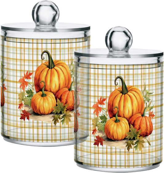Gredecor 4 Pack Apothecary Jars with Lid Pumpkins Gingham Plaid Qtip Holder Dispenser Storage Containers Clear Plastic Rustic Fall Autumn Thanksgiving Theme Canisters for Bathroom Vanity Organization