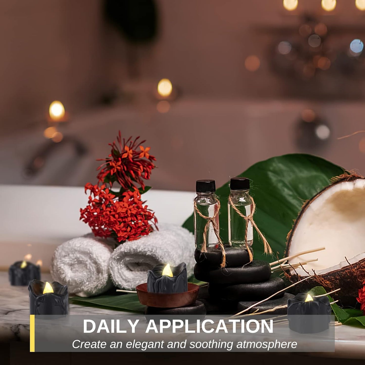 Homemory 24-Pack Halloween Black Dripping Flameless Tea Lights, Battery Operated Flickering LED Candles, Safe for Pumpkins, Party & Holiday Decor, 1.58" D x 1.2" H, Warm White Glow