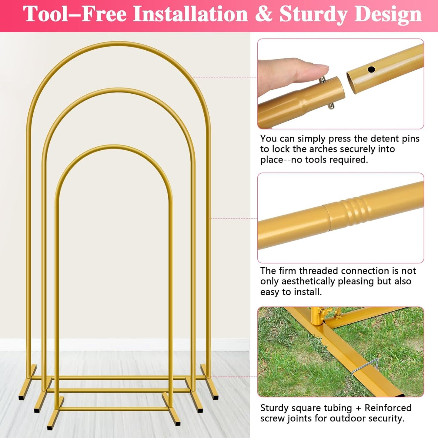Metal Arch Backdrop Stand, Set of 3 (6/6.6/7.2 ft) Wedding Arched Frame with 12 Ground Nails, Stable Arched Background Stand for Wedding, Baby Shower, Birthday Party, Photography, Gold