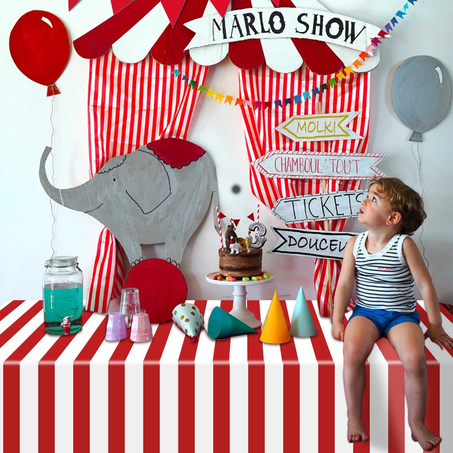 4 Pcs Carnival Tablecloths, Red and White Stripe Tablecloths, Red Plastic Table Cover, Circus Theme