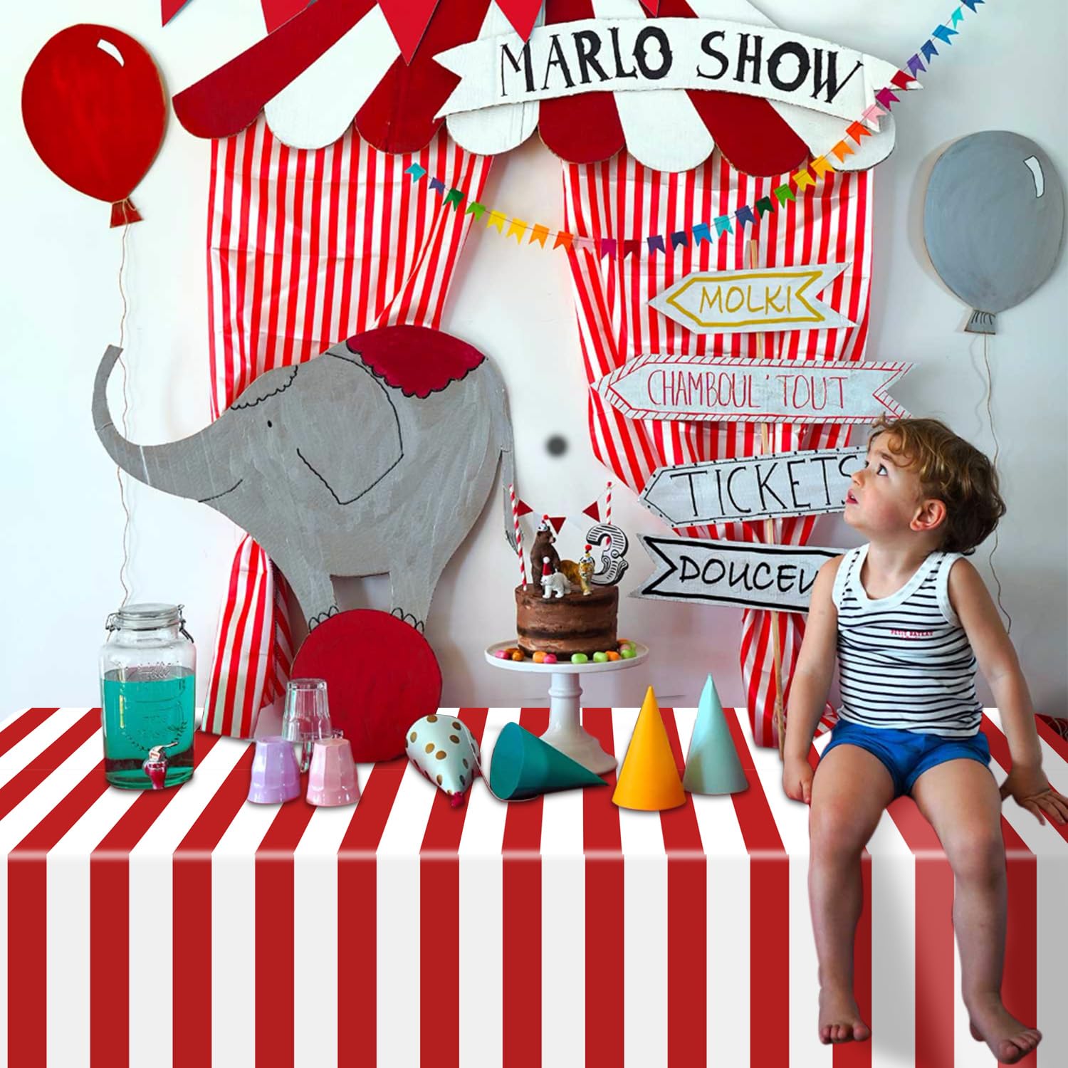 4 Pcs Carnival Tablecloths, Red and White Stripe Tablecloths, Red Plastic Table Cover, Circus Theme