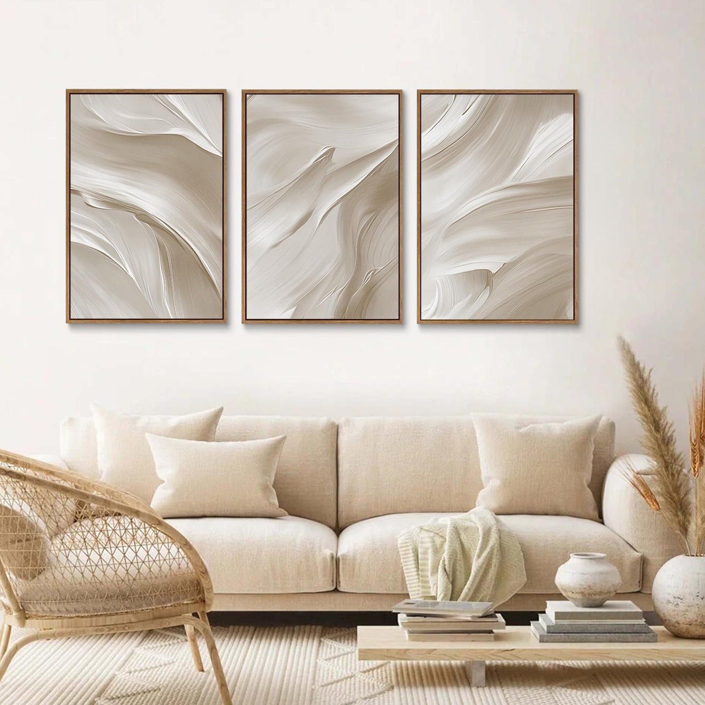 myusuar 3 Piece Large Abstract Framed Wall Art For Living Room, Smoke Texture Ink Beige White Canvas Wall Art Modern Minimalist Art Prints Wall Décor For Bedroom Office 12x16in