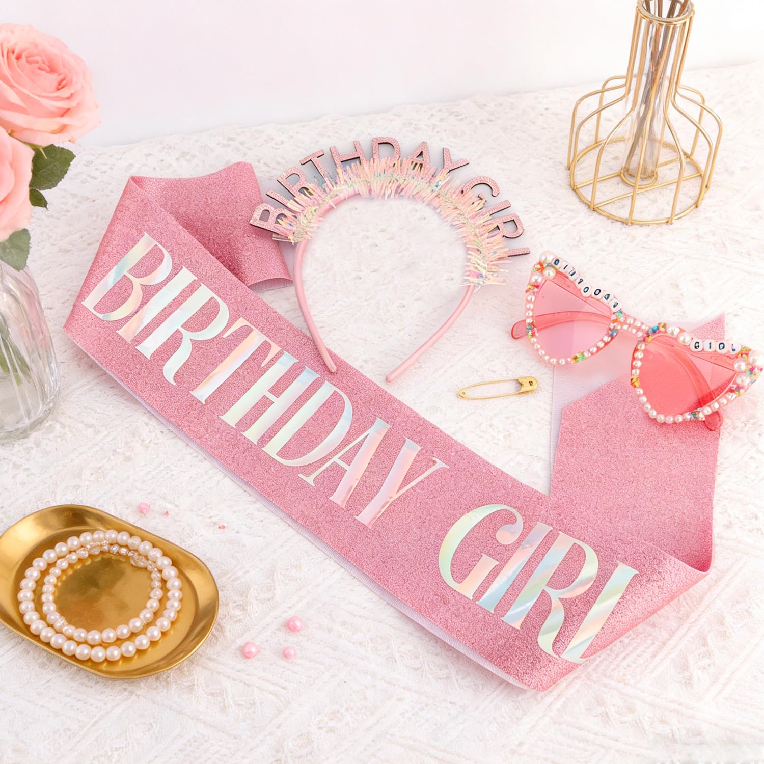 Atoden Birthday Girl Sash Glitter Headband Tiara Crown Sunglasses Pink Happy Birthday Decorations