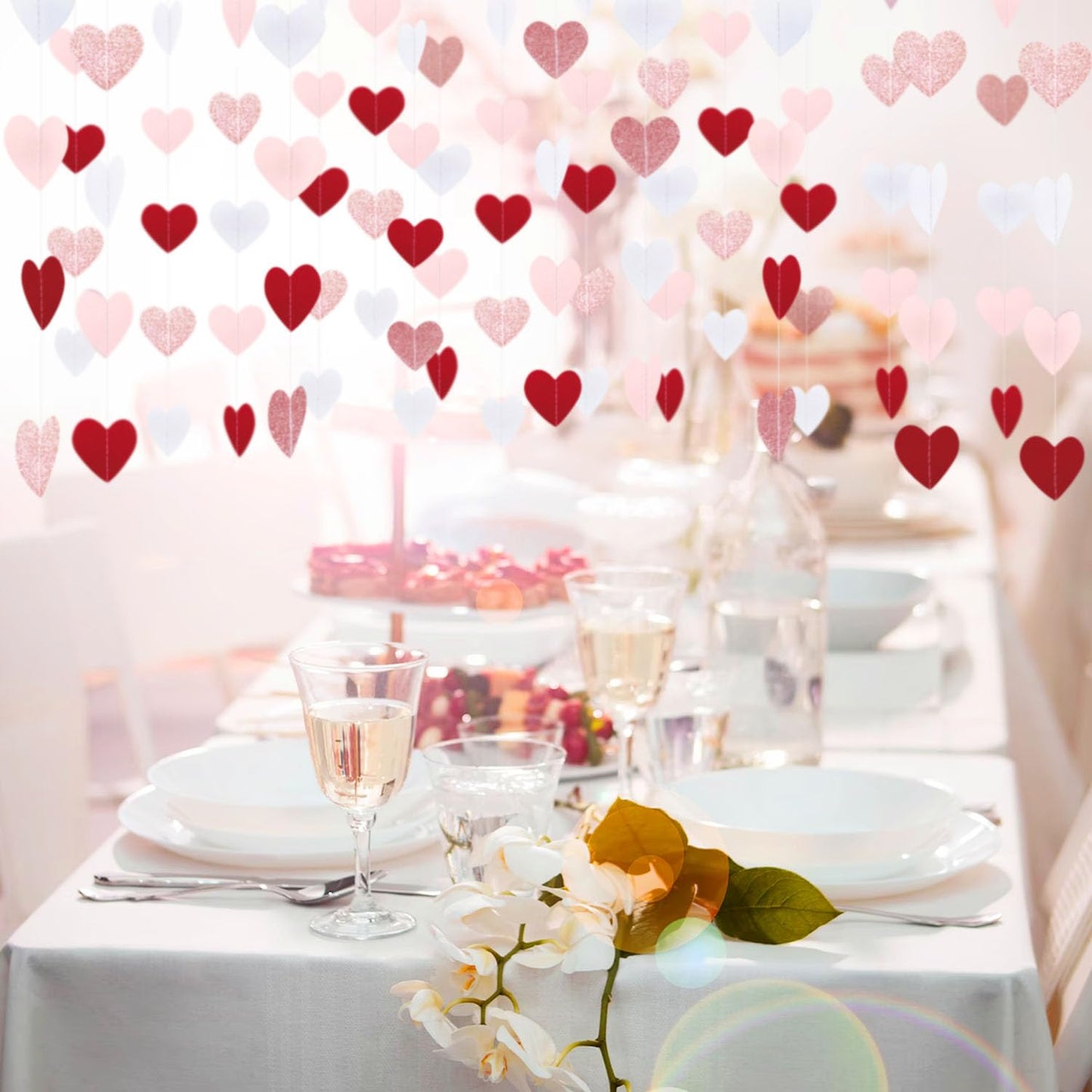 XIANMU 8 Strands Heart Garland Valentines Day Heart Paper Streamers Banner Rose-Gold Pink