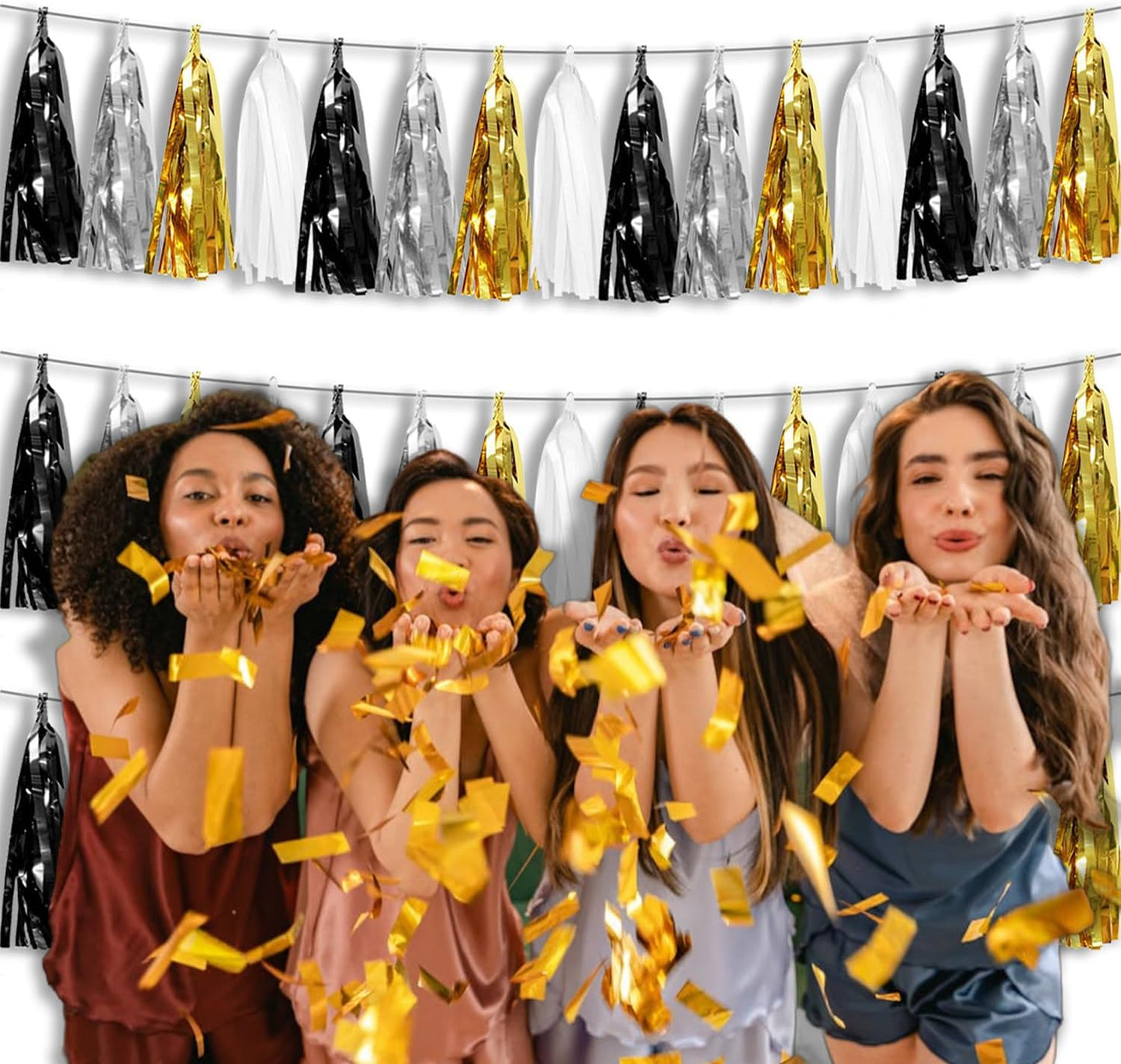 3P Metallic Fringe Tassel Banner Garland Foil Tinsel Streamer Wall Hanging Curtain Backdrop Banner for Parade Floats,Graduation Decorations, New Years Decorations,Father' Day(Black Gold Silver)