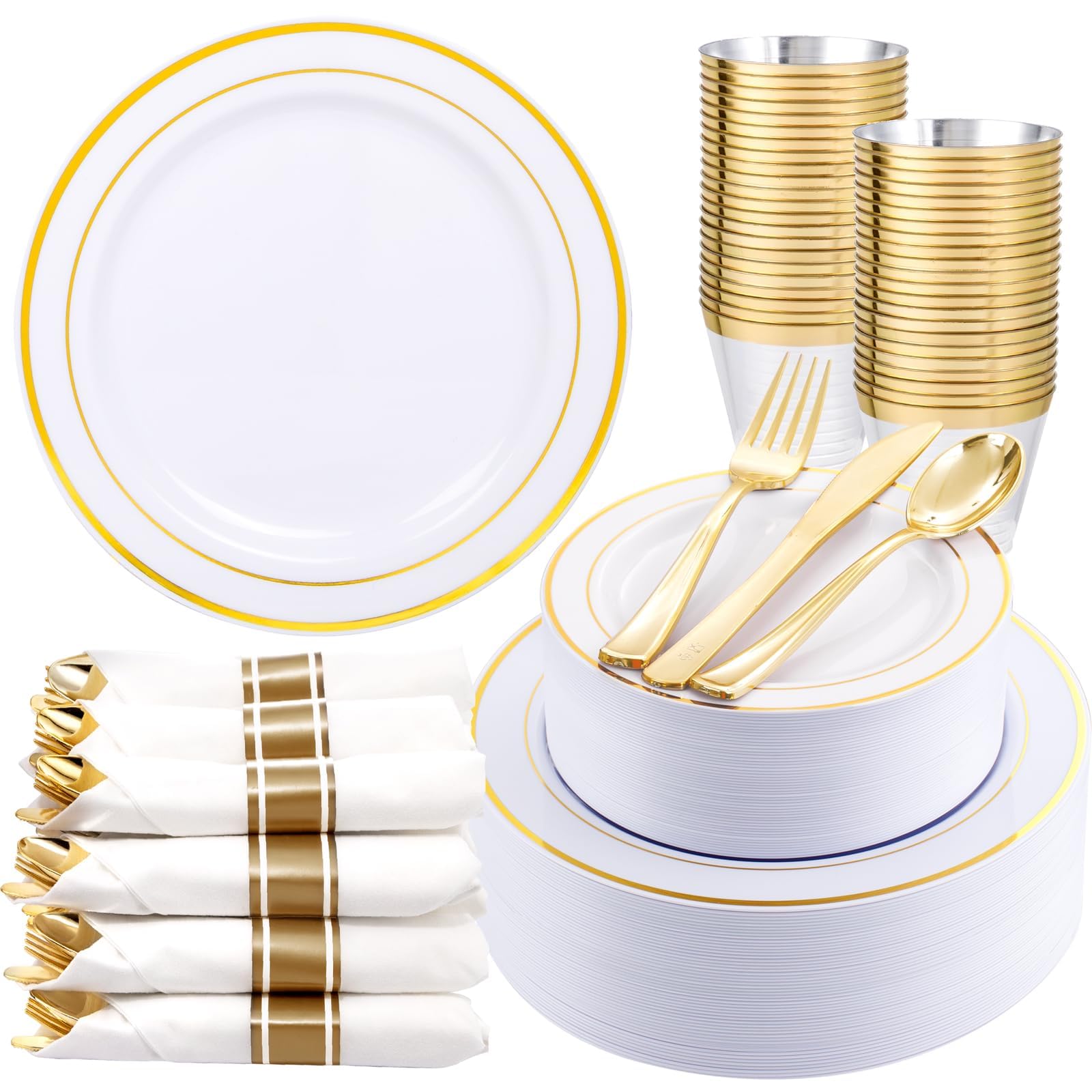 WDF Partyware 350Piece Gold Dinnerware Set for 50 Guests - Gold Plastic Plates with Disposable