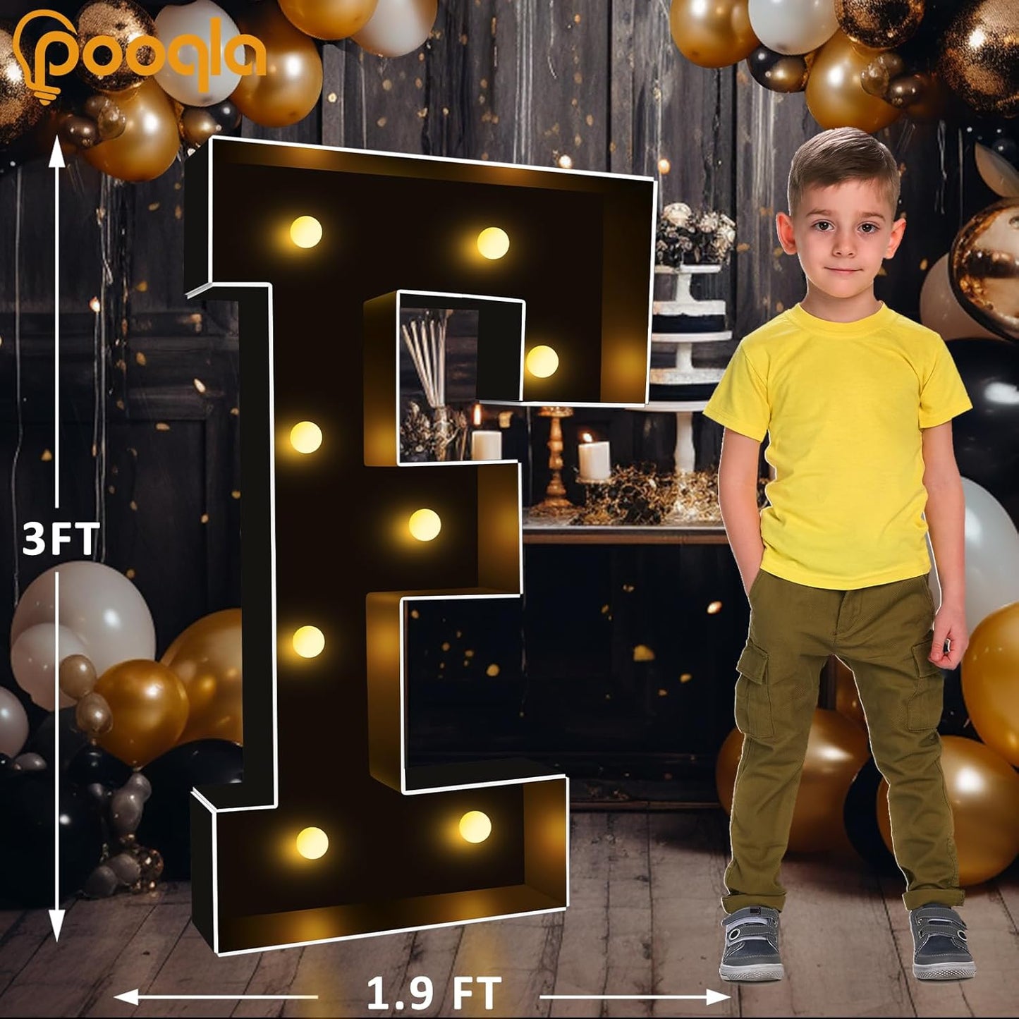 Pooqla 3 FT Marquee Light Up Letters, Black Marquee Letter Lights 3 Feet Tall, Giant LED Sign Big Mosaic Letters for Balloons Birthday Party Anniversary Wedding Decorations, Warm White F