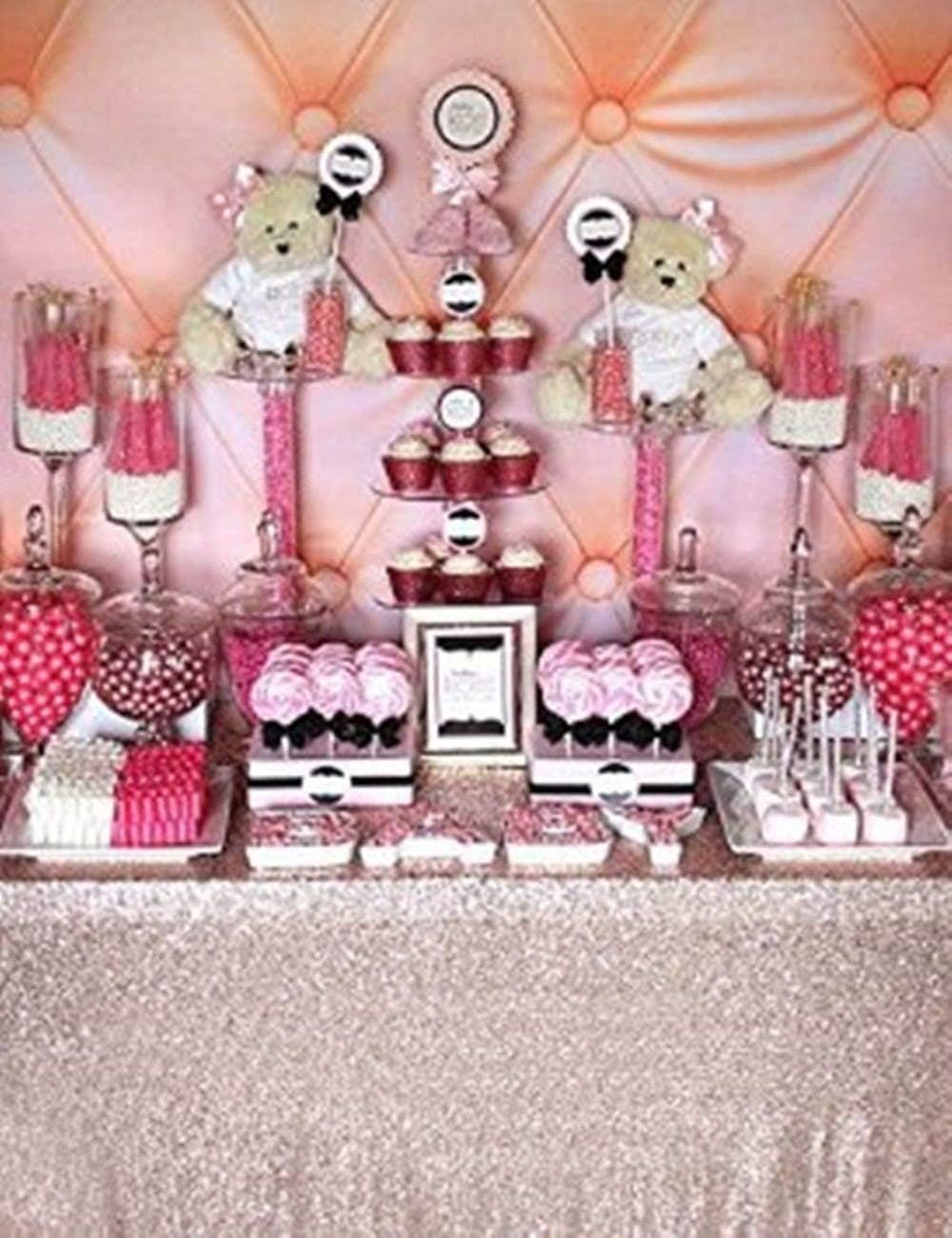 QueenDream Sequin Tablecloth 90"x132" Champagne Blush Party Tablecloth Rectangular Seamless Sequin Table Cloth Glitter Wedding Birthday Bridal Shower Decorations