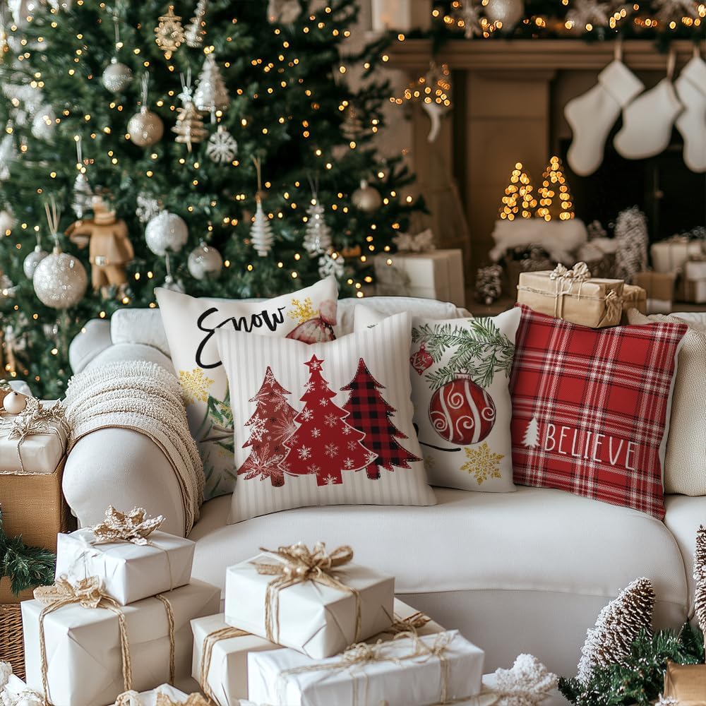 GEEORY Winter Christmas Throw Pillow Covers 20 x 20 Inch Set of 4, Xmas Trees Snowflake Snowman Joy Holiday Farmhouse Decorative Cushion Cases for Home Decoration G583-20