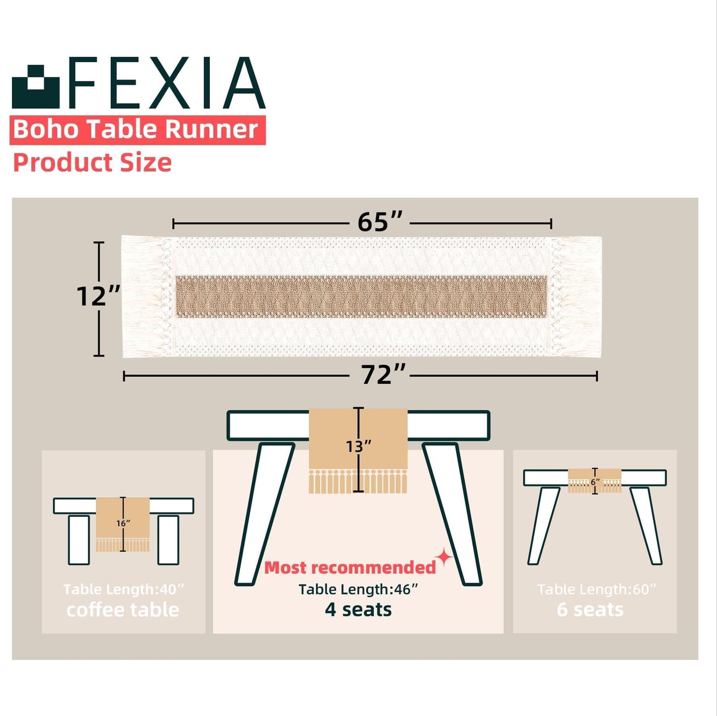 FEXIA Boho Table Runner for Fall Home Decor 12x72 Rustic with Tassels
