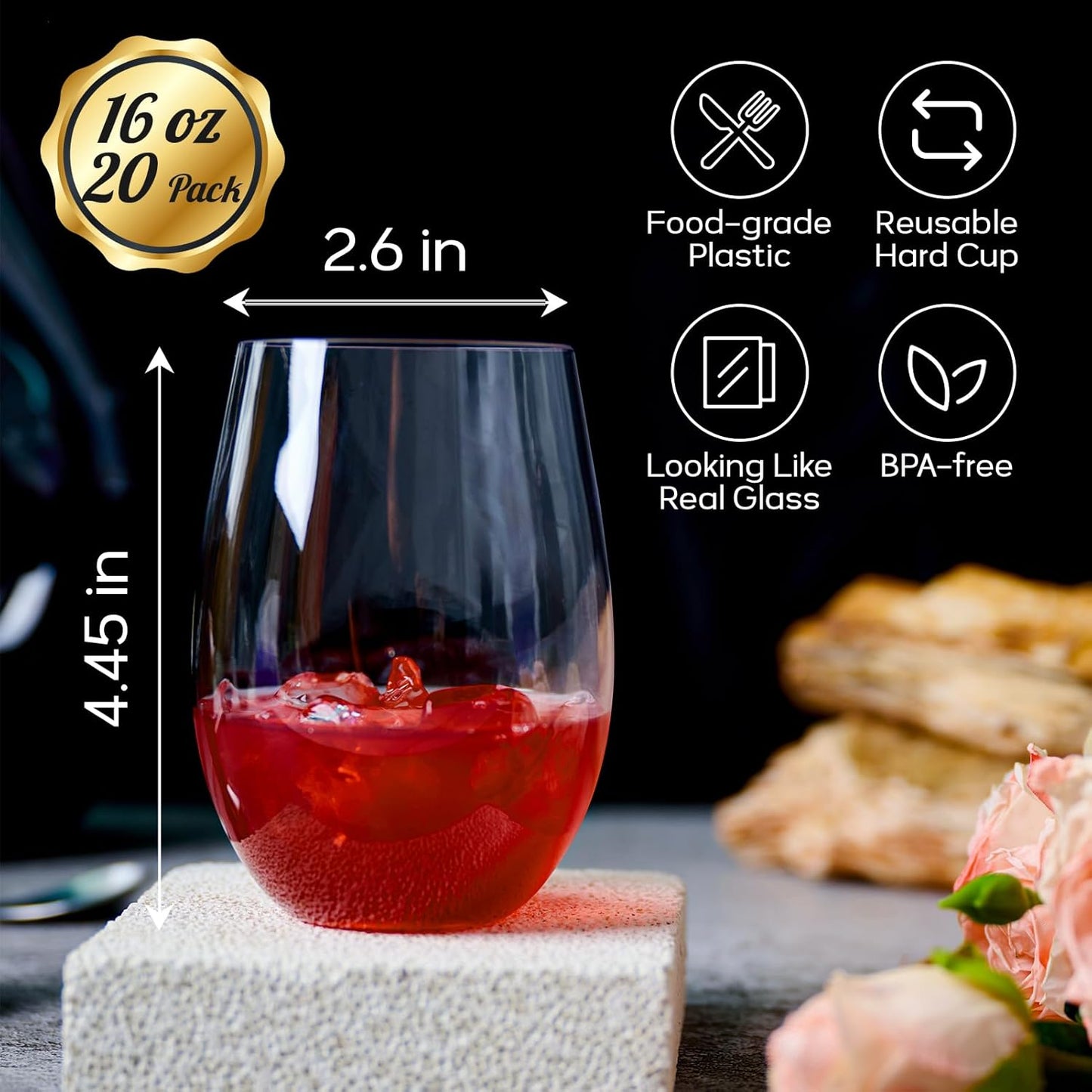 FOCUSLINE 20 Pack 16 Oz Plastic Wine Glasses, Stemless Plastic Wine Cups Heavy Duty, Unbreakable Disposable Wine Glasses for Wedding or Party