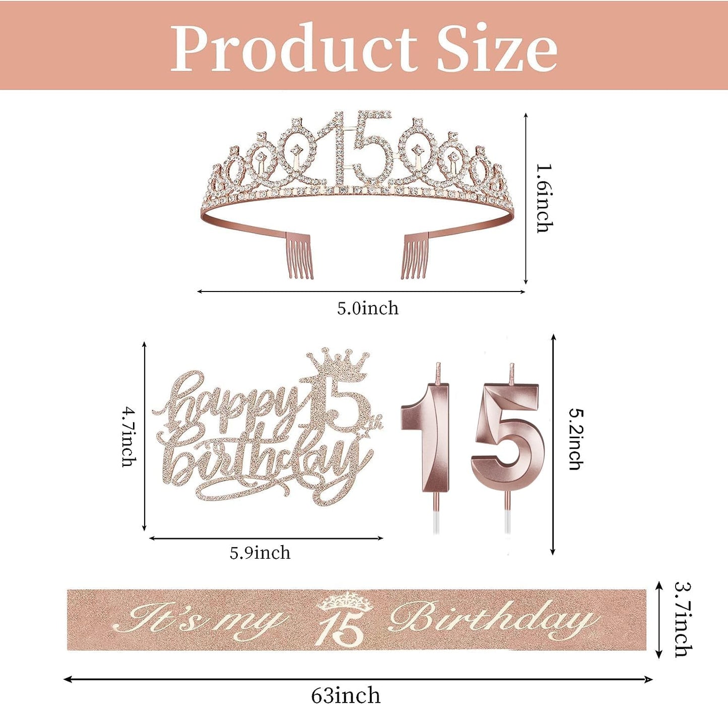 15th Birthday Decorations for Girls, Including Sash, Crown/Tiara, Candles, Cake Toppers. 15th Birthday Gifts for Girls