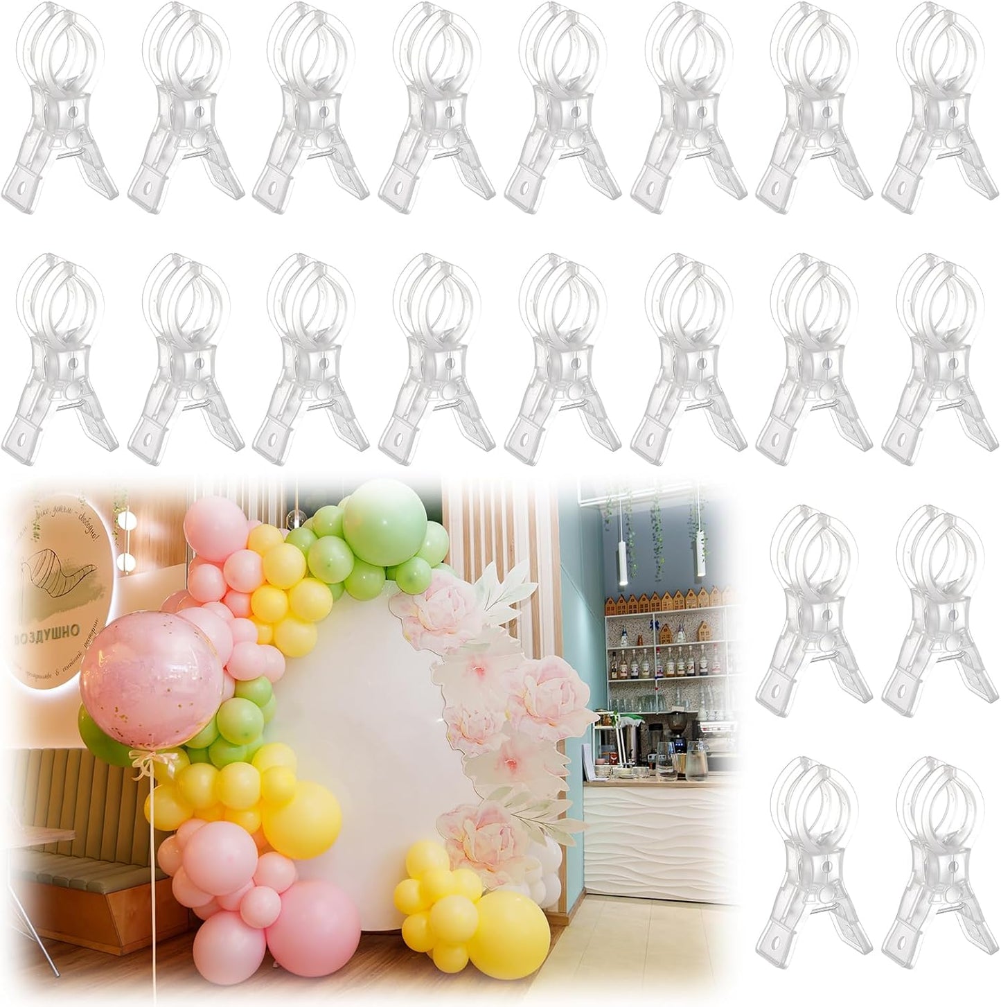 LemonRoad 20 Pack Large Balloon Arch Clips Plastic Transparent Backdrop Spring Clamps 3.5 Inch Heavy Duty Clip for Balloon Arch Kit Birthday Decoration Crafts Woodworking Photography Studios (Clear)
