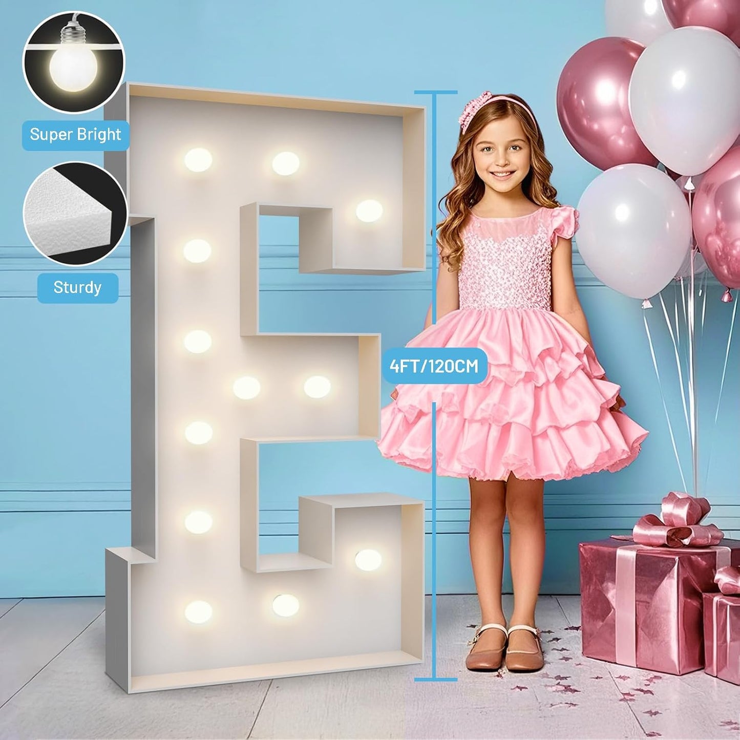 4FT Marquee Light Up Letters E,Party Decoration Large Marquee Light Up Letters with Weighted Water Bag,Pre-cut Foam Board Set Can Be Used for Birthdays,Weddings,Baby Anniversaries