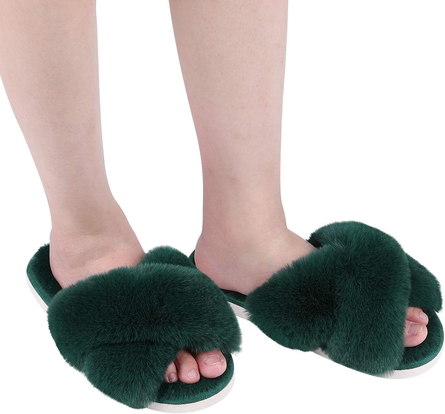 Evshine Women's Fuzzy Slippers Cross Band Memory Foam House Slippers Open Toe