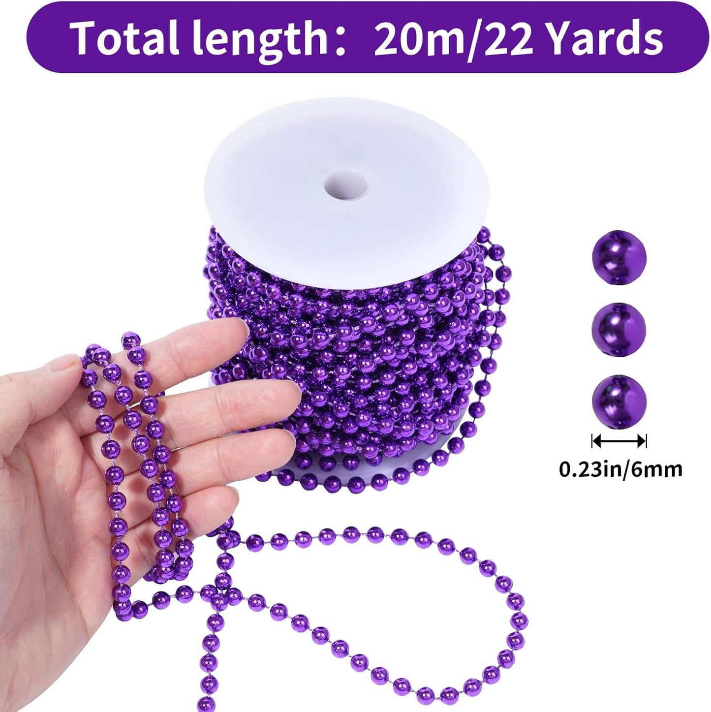 Faux Purple Pearl Beads Garland - 6mm Christmas Tree Beads 22 Yards Spool Pearl String Roll for Wedding Party Christmas Tree Decoration