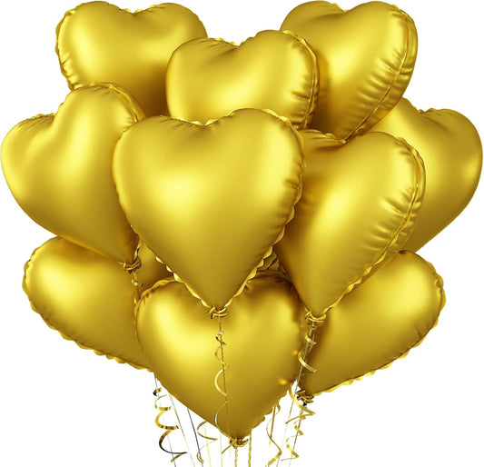 Foil Heart Balloons Gold - 10PCS Heart Shaped, 18inch Metallic Love Foil Balloons for Helium, Golden Wedding, Valentine's Day, Birthday Party, Anniversary