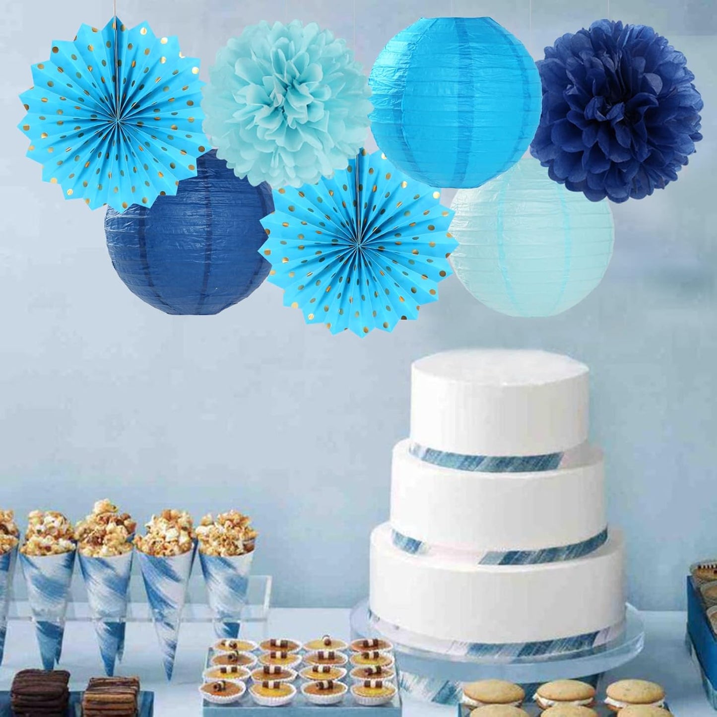 Light-Royal Navy-Blue White Party-Decorations Streamers - 14pc Boy Birthday Baby Shower Paper Lanterns Fan,Tissue Pom Poms,Honeycomb Balls,Bachelorette Bridal Wedding Engagement Decor Lasting Surprise