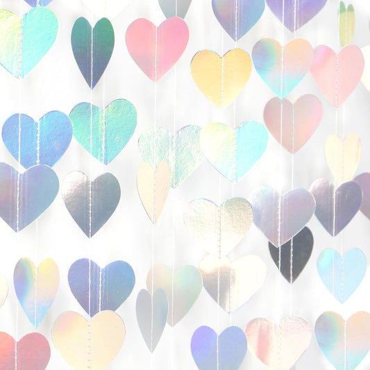 Iridescent Disco-Holographic Heart Garland - 52Ft Wedding Hanging Decoration Neon Streamers Banner, Perfect for Bridal Shower, Birthday, Baby Shower, Engagement, Valentines Day Decor