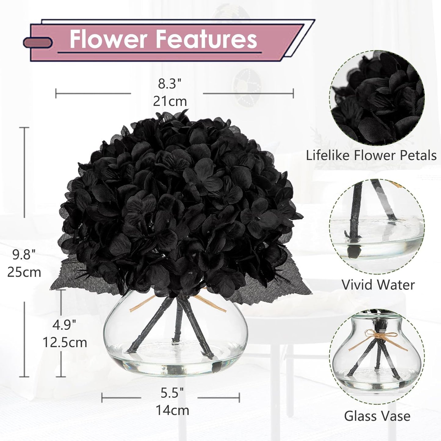 Hollyone Hydrangea Fall Flowers Artificial for Decoration with Glass Vase Black Silk Faux Flowers Arrangements in Vase with Faux Water Fake Floral Bouquet Table Centerpiece Fall Decorations for Home