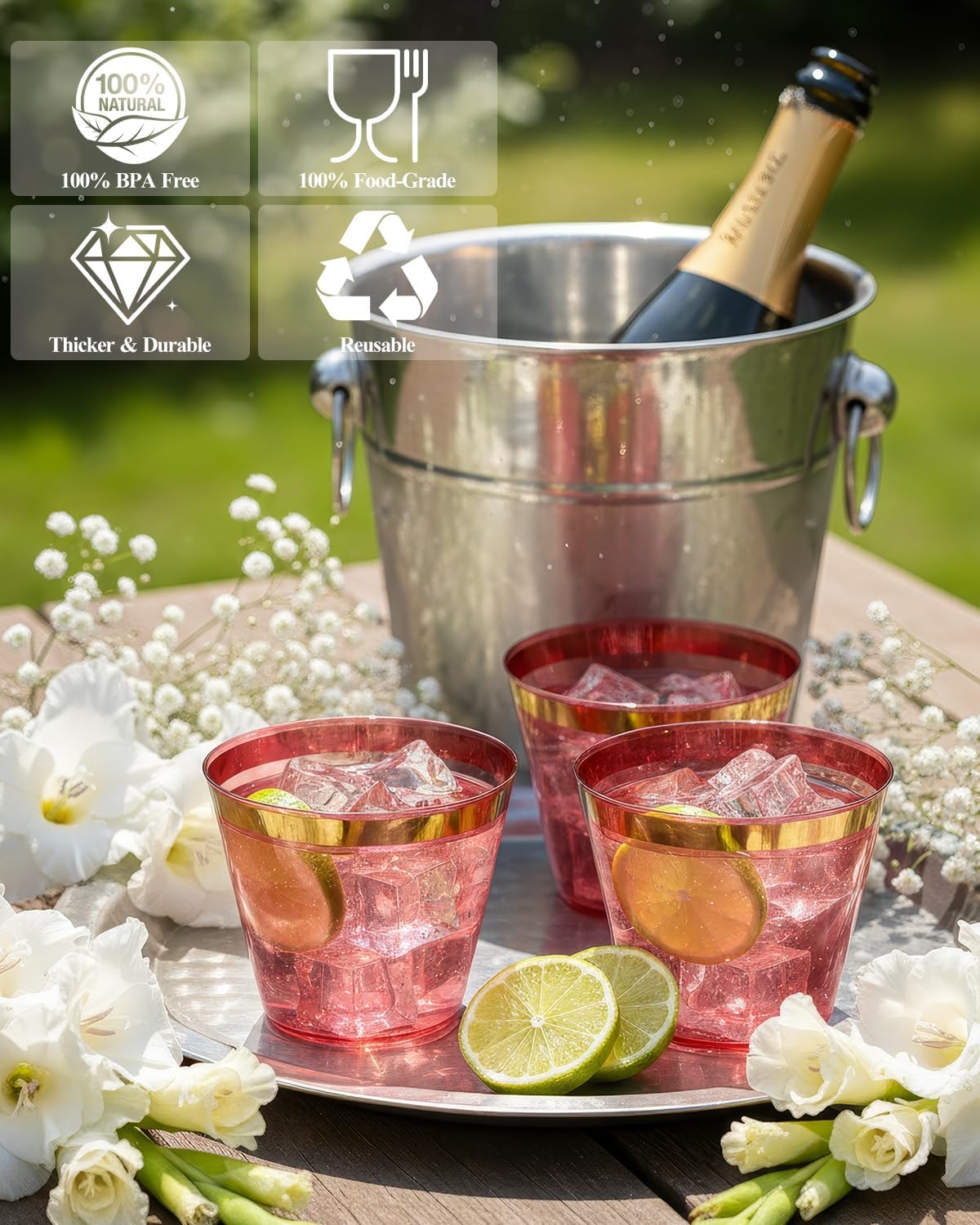 Goodluck 50PCS 9oz Red and Gold Plastic Cups for Party, Disposable Gold Rim Cups, Plastic Cocktail Glasses for Wedding Thanksgiving, Christmas, and Parties