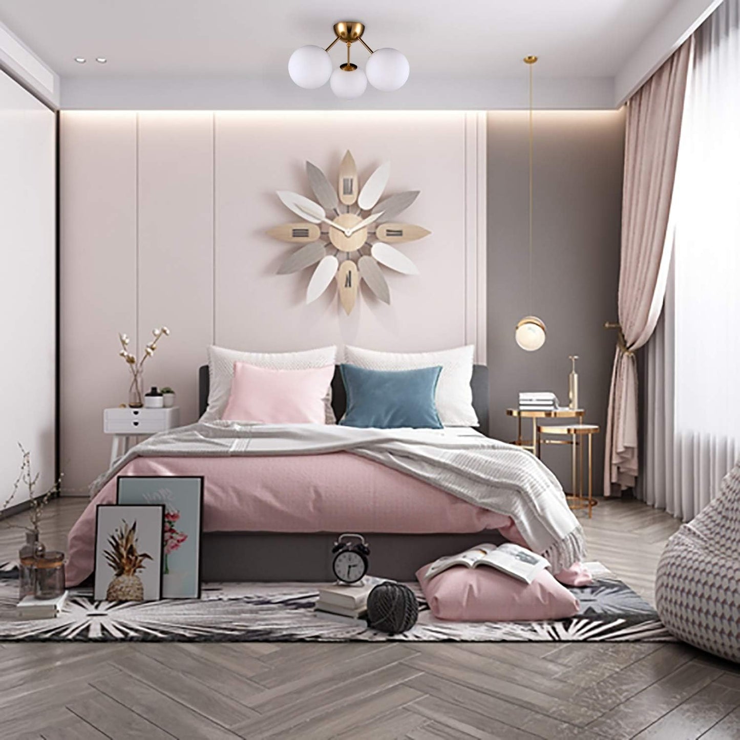 HOLKIRT Classic Mid Century Modern Globe Semi Flush Mount Ceiling Light Sputnik Chandeliers,White Frosted Glass Gold Finished for Living Room Dining Room Bedroom 3- Light