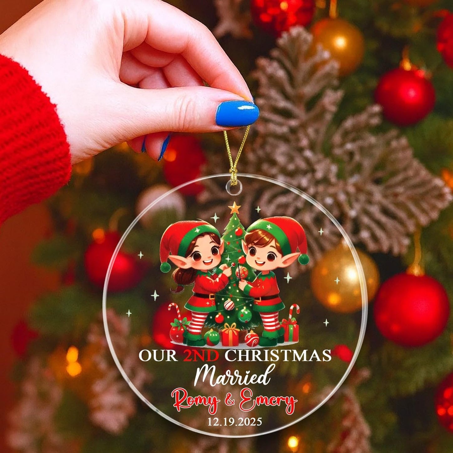 Customized Our 2ND Christmas Married Ornaments with Name & Date, Mr & Mrs Elf Married Ornament Gift for Wedding Anniversary, Personalized Mr & Mrs Elf Together Xmas Keepsake Ornament for Husband Wife