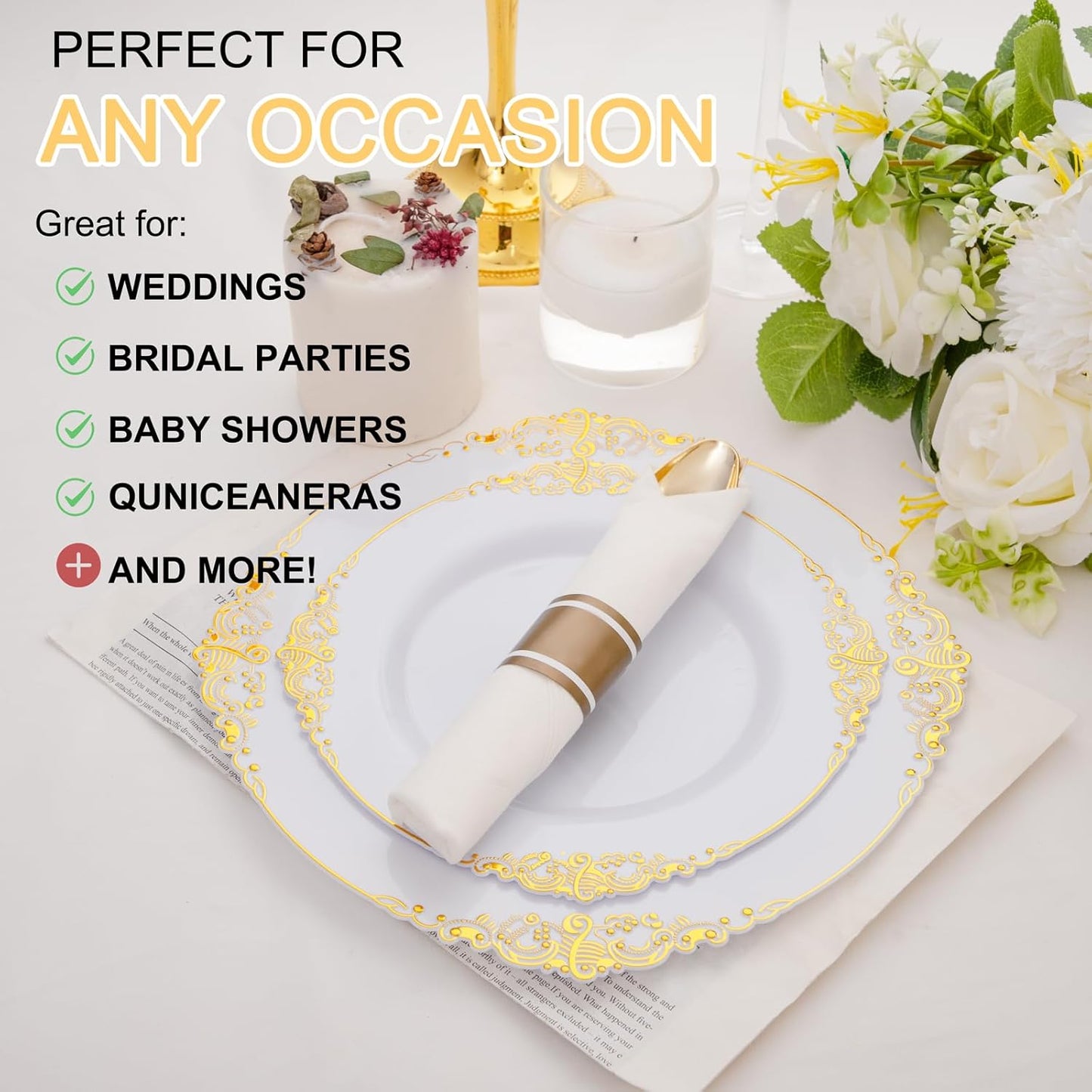 400PCS Pre Rolled Gold Plastic Silverware Sets - Heavy Duty Fancy Gold Cutlery - Include 100 Pack Wrapped Disposable Utensils with Napkins for Parties, Dinners & Weddings