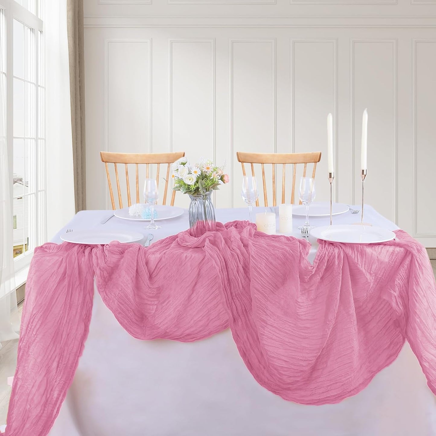 16PCS Dusty Rose Cheesecloth Table Runner 10FT Table Runner Cheesecloth 35x120Inch Boho Gauze Cheese Cloth Table Runner Long Rustic Sheer Table Runners for Wedding Party Baby Bridal Shower Table Decor