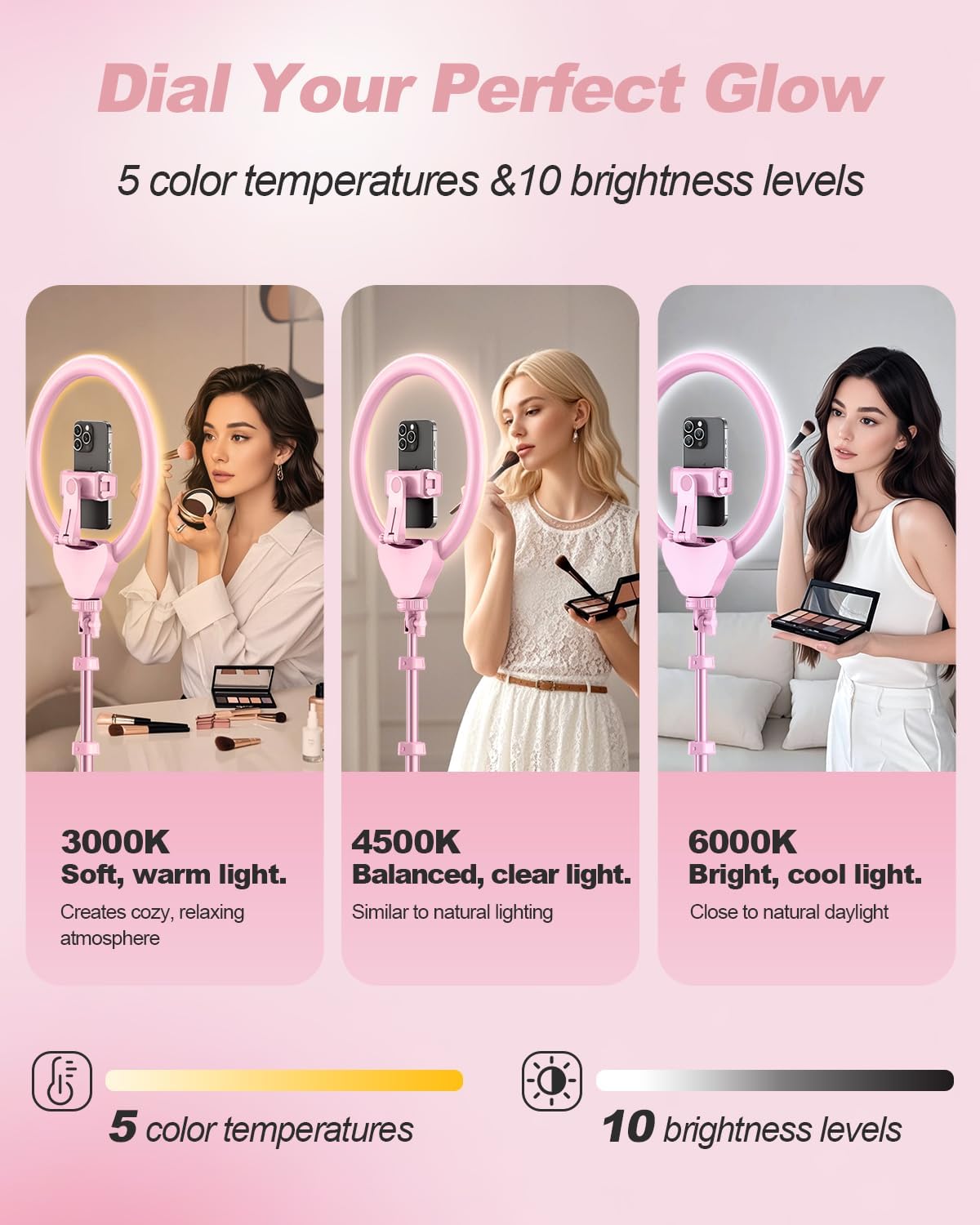 UBeesize 12'' Selfie Ring Light with 62’’ Tripod Stand for Video Recording, Live Streaming(YouTube, Instagram, TIK Tok), Compatible with Phones, Cameras and Webcams Pink