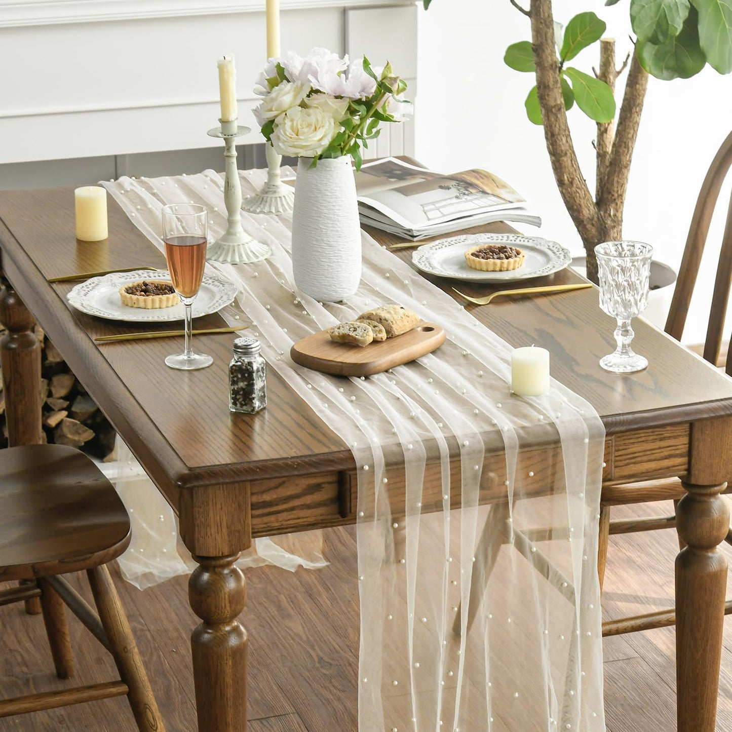 Artoid Mode Pearl Beige Gauze Table Runner 120 Inch 10FT, Seasonal Sheer Dining Holiday Wedding