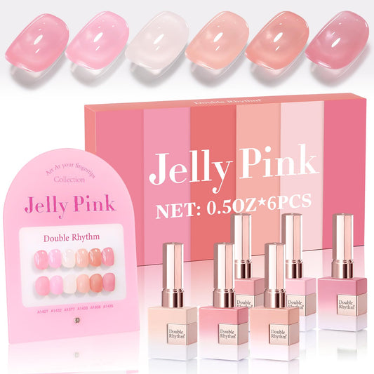 Double Rhythm 6 Pcs 15 ML Gel Polish Set Same Color Same Bottle Soak Off Gel Polish Kit Nail Art Manicure Salon DIY at Home for Women (Jelly Milky White Nude Pink Rose-T6-23)