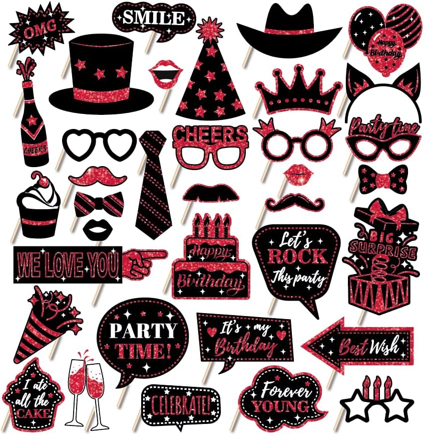 36 PCS Birthday Photo Booth Props Party Supplies Holiday Picture Decorations Photo Booth Props for Birthday Party Favors Pose Sign Kit Fun for Party (Red)