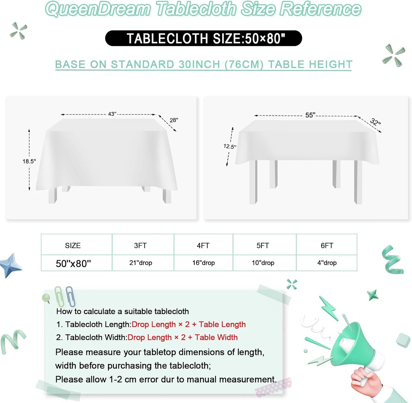 QueenDream Sparkly Sequin Tablecloth - White Table Cloth 50x80 Inches Rectangle Table Overlay Fabric for Birthday Parties Baby Shower Decoration