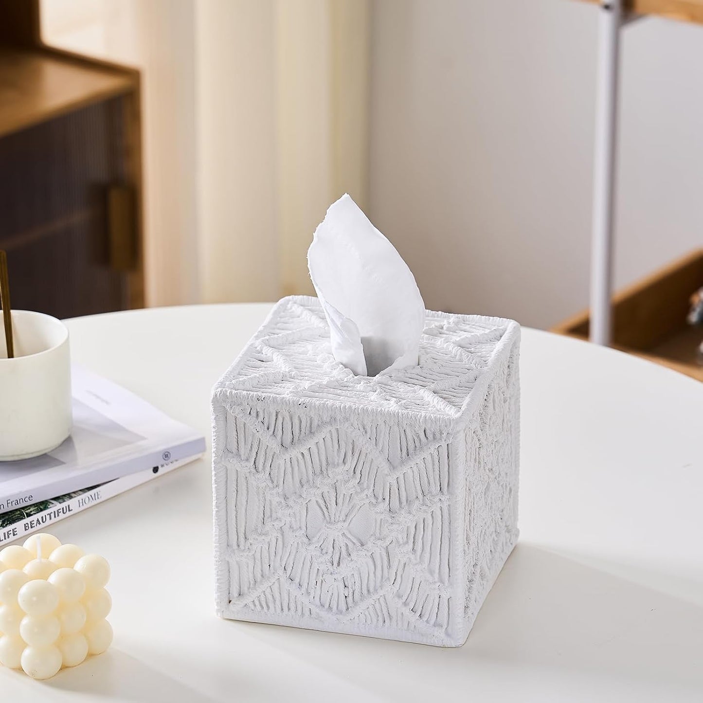 White Woven Macrame Boho Tissue Box Cover Square for Home Decor,Resin Heavy Woven Tissue Box Holder for Bathroom Kitchen Countertop,Bedroom, Vanity, Night Stand, Office Desk Top, Waterproof Durable