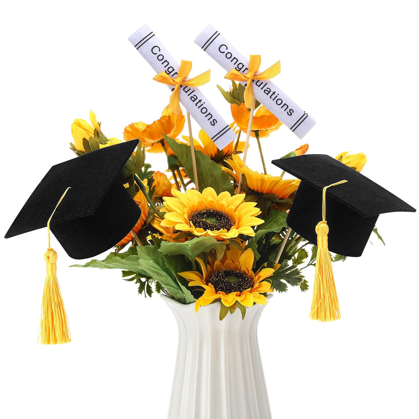 Breling Graduation Centerpiece Felt Cap Sticks,Black and Gold,12 Pcs