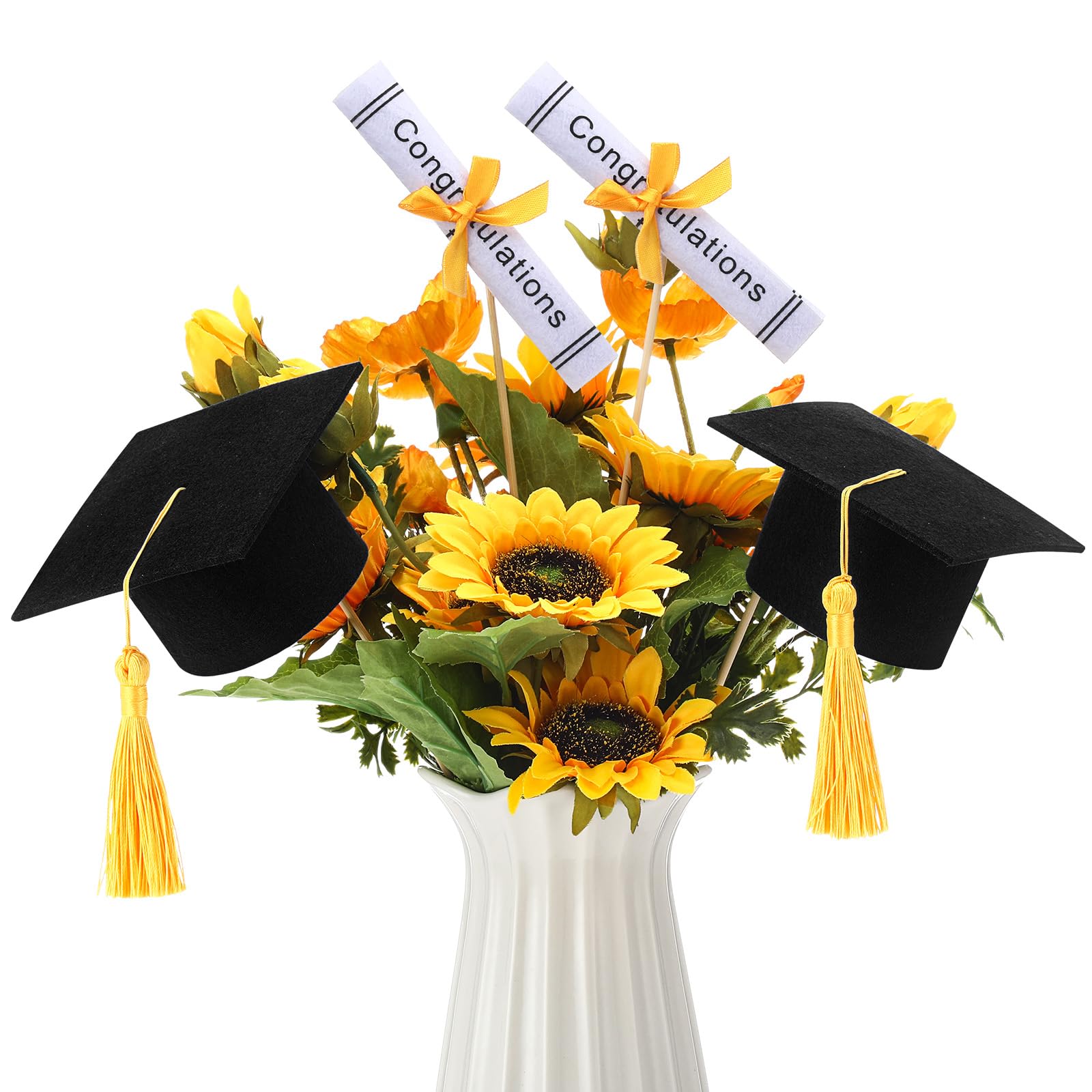 Breling Graduation Centerpiece Felt Cap Sticks,Black and Gold,12 Pcs
