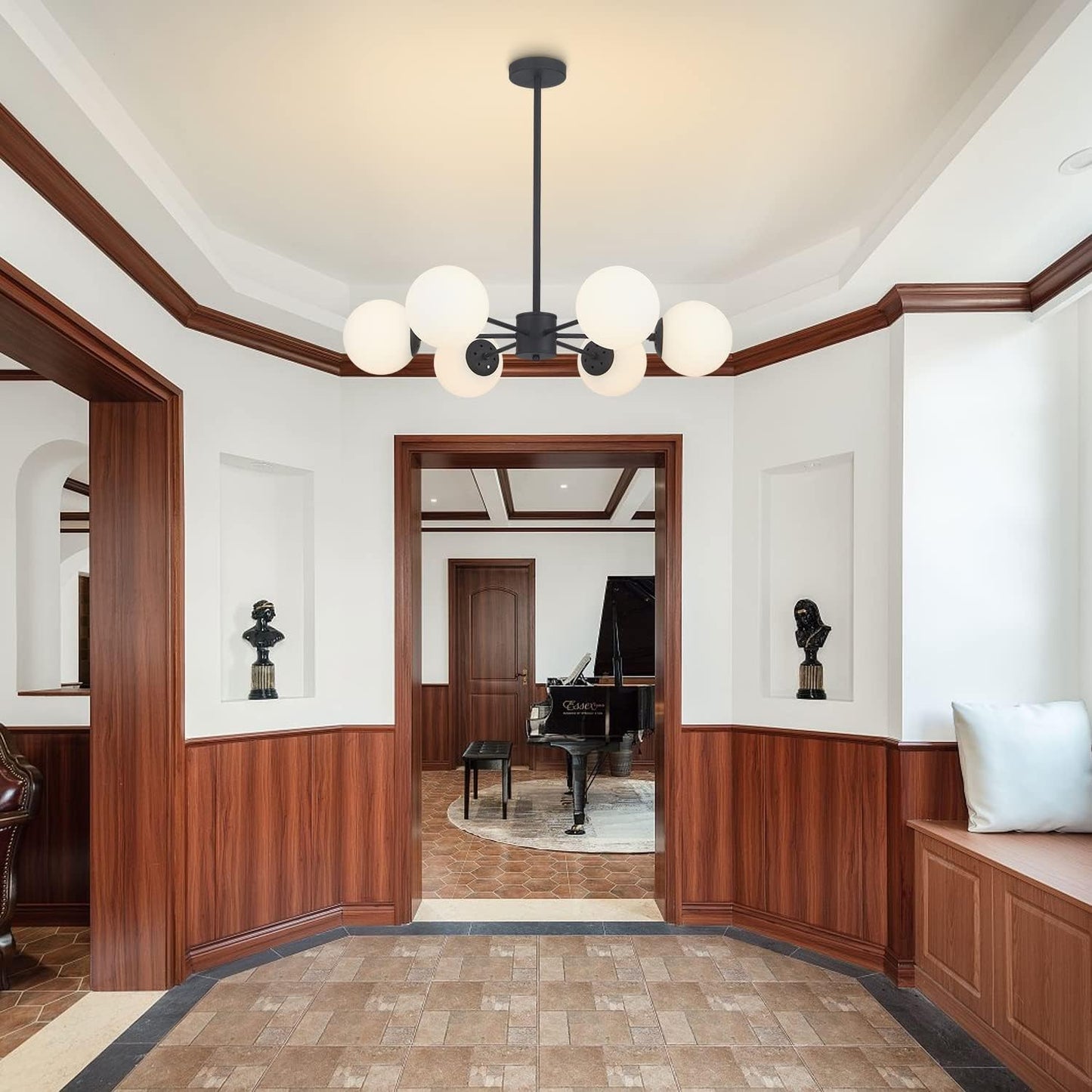 KCO Lighting Matte Black Sputnik Chandelier Light Fixture Mid Century 6-Light Milk Glass Ball Chandelier Modern Globe Flush Mount Ceiling Light Kitchen Island Dining Lighting Fixture (Black+White)