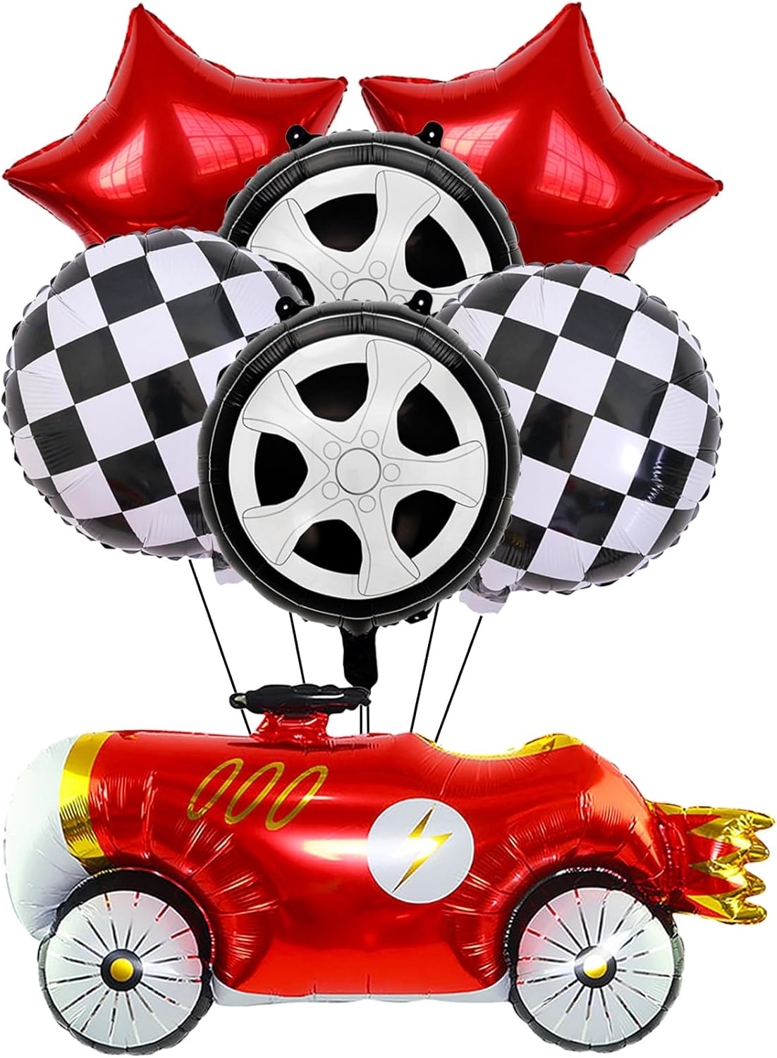 7 Pcs Vintage Race Car Balloon Set,Black and White Checkered Car Wheel Red Star Foil Helium Balloon,Racing Theme Birthday Party Baby Shower Decorations Supplies
