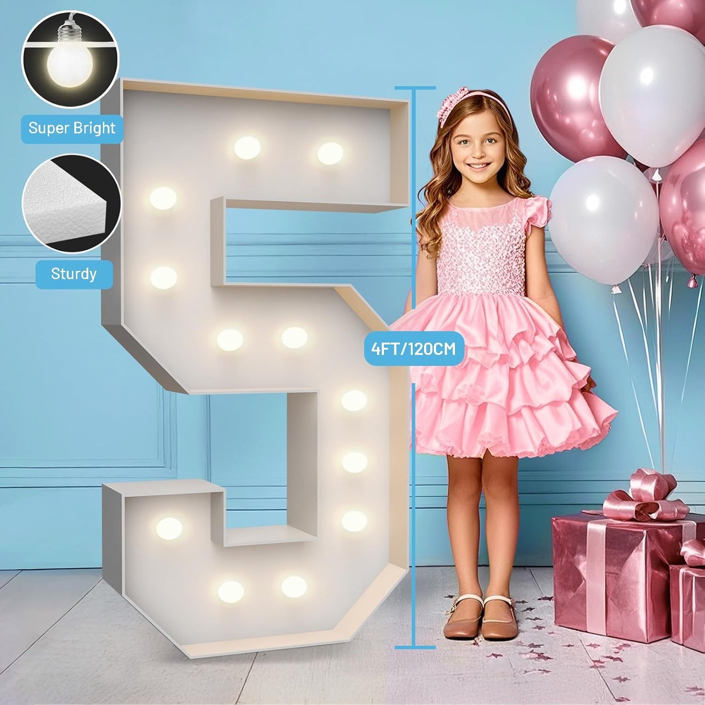 4FT Marquee Light Up Numbers 5,Party Decoration Large Marquee Light Up Letters with Weighted Water Bag,Pre-cut Foam Board Set Can Be Used for Birthdays,Weddings,Baby Anniversaries