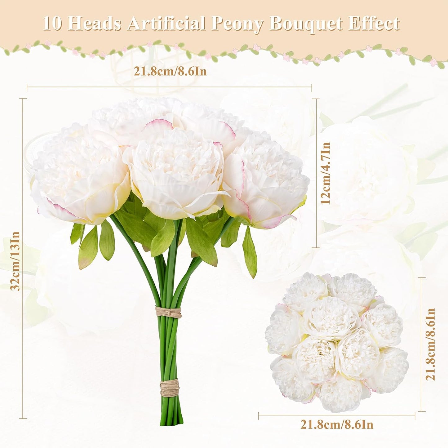 U'Artlines 20 Heads Artificial Peony Silk Flower Leaf Home Office Wedding Party Festival Bar Decor (Cream White)