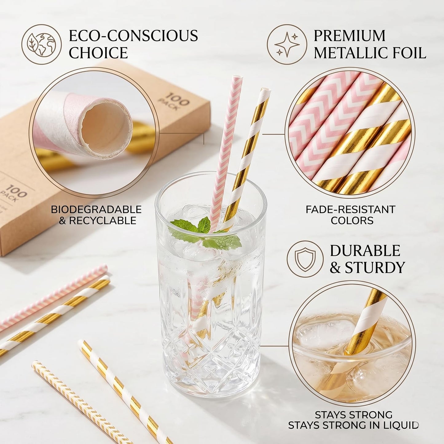 ALINK Gold Pink Paper Straws, 100 Pack Striped Party Straws